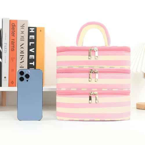 Three Layer Makeup Bag for Women Fashion Stripes Cosmetic Bag Preppy Style Travel Water-Resistant Toiletry Bag for Storage Toiletries Cosmetics Sets for Women Teen Girls Pink