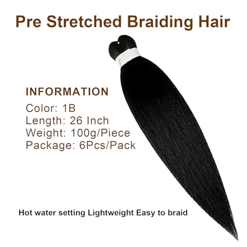 Aizami 6 Packs Pre-Stretched 26in 100g/Pack Yaki Texture Synthetic Braiding Hair Extensions (1B) – Lightweight, Hot Water Setting