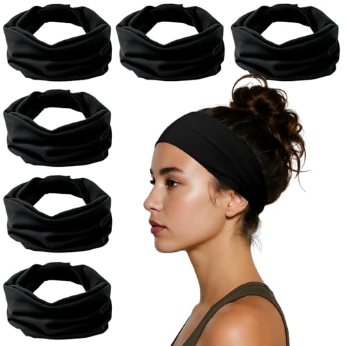 Wide Non-Slip Headbands for Women, 6-Pack Black