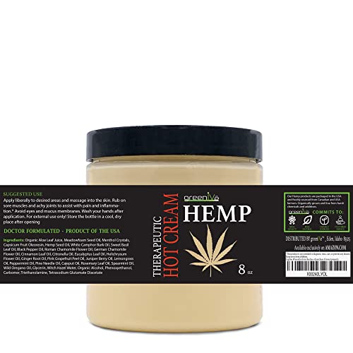 GreenIVe Hemp Hot Cream Massage Lotion Soothing and Moisturizing Joints, Muslces, and Wraps for Skin Tightning (8 oz Jar)