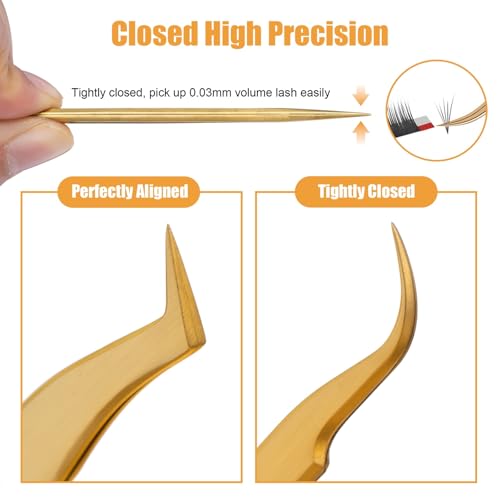 Lash Tweezers Set for Eyelash Extension, Eyelash Tweezers for Classic Individual and Volume Lash Extensions, Complete with Storage Case (Gold, 3PCS Set)