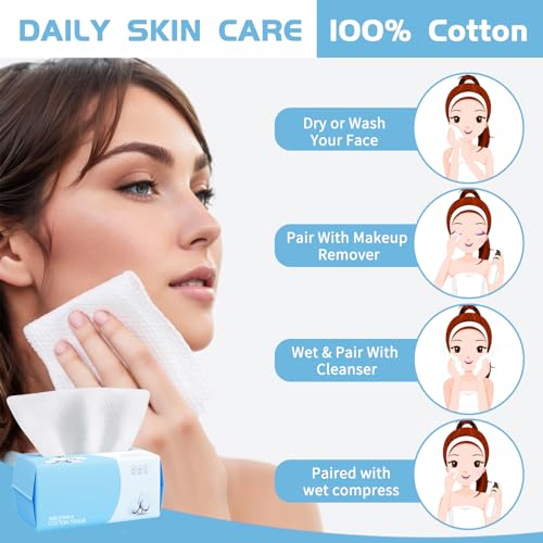 Cotton Facial Dry Wipes 100 Count, Deeply Cleansing Disposable Face Towel Wash Cloth, Multi-Purpose for Skin Care, Make-up and Face Wipes (2 Pack)