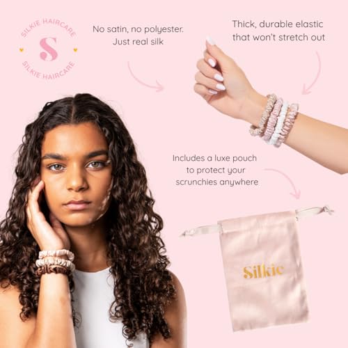 Silkie x4 Set - Chocolate Mulberry Silk Skinny Scrunchies & Travel Pouch - Gentle Hair Ties