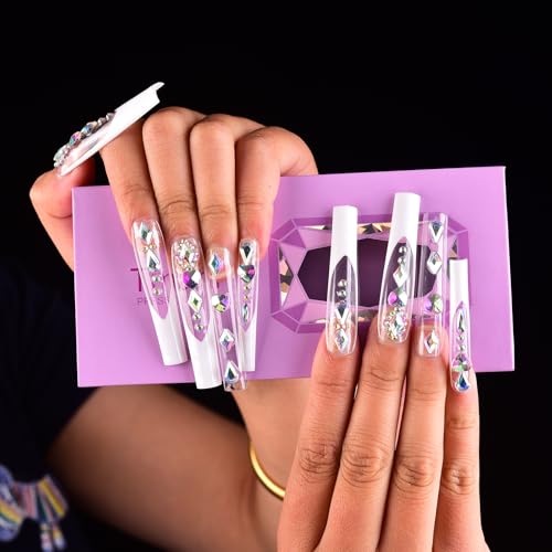 Tmani 10pc/set Extra Long Handmade Press On Nail Hot Girl's Long Ballet Nails Square Nail Full of Diamond Glitter Decoration Fake Nails Suitable For Girls Festival Parties and Birthday Gift (138,M)