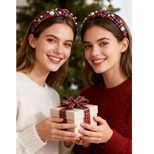 2Pcs Fashion Red Plaid Headbands for Women Pearl Rhinestone Beaded Top Knotted Hairbands Wide Hair Hoop Holiday Festival Hair Accessories Set