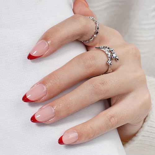 French Tip Press on Nails, Short Press on Nails Almond Reusable Glossy Red Nails Soft Gel False Nails Press ons for Women, 16 Sizes 32 Count Nails Kit with Glue (SV-12)
