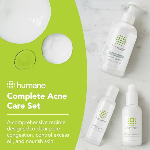 humane Regular-Strength Acne Wash, Clarifying Toner and Oil-Free Moisturizer Bundle - 5% Benzoyl Peroxide Acne Treatment