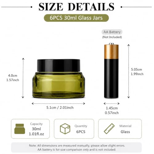 6 Pack Refillable 1oz Green Glass Cosmetic Jars with Lids - Makeup & Skincare Containers