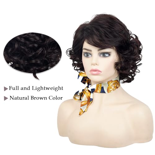Dark Brown Curly Wig with Bangs - Short Synthetic Hair for Women