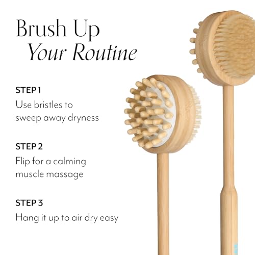 Bliss 2-in-1 Wooden Shower Brush for Back and Body, Exfoliating Dry Brush Bristles with Massaging Nubs for Sore Muscles, Use Wet or Dry