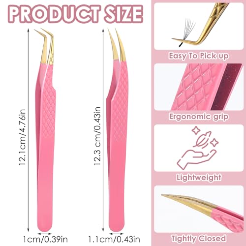 2Pcs Lash Tweezers for Eyelash Extensions 90 Degree Eyelash Extension Tweezers Fiber Tip Lash Tweezers False Eyelash Tweezers Lash Cluster Tweezers for Volume Lashes, Pink