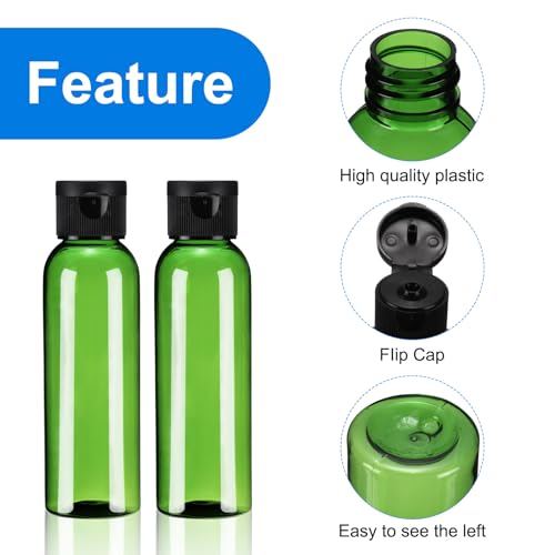 uxcell 2 Oz Plastic Bottles with Flip Caps, 200 Pcs Reusable Travel Size Containers with Lids Plastic Squeeze Refillable Dispensing Bottles for Shampoo, Body Soap, Toner(Green Black)