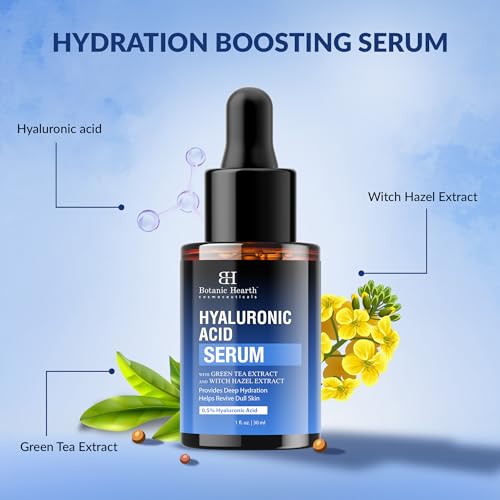 Botanic Hearth 0.5% Hyaluronic Acid Serum for Face with 2% Niacinamide, Witch Hazel & Green Tea Extracts | Hydrating & Moisturizing | Helps Reduce Wrinkles & Fine Lines | All Skin Types | 1fl oz