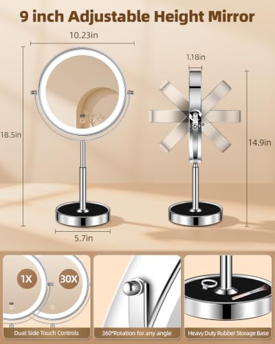 VPU Chrome 9-inch Lighted Makeup Mirror with 30X Magnification & Adjustable Brightness