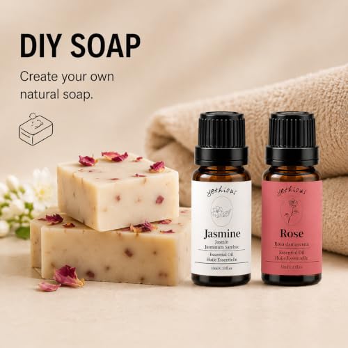 Yethious Rose & Jasmine Essential Oil Set for Diffuser, Skin & Hair Care – Pack of 2, 0.33 Fl Oz Each