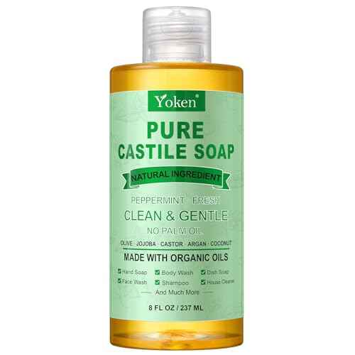 Peppermint Castile Soap Liquid 8 OZ, Made with Certified Organic Oils, Gentle Peppermint Soap for Body Wash, Face, Hands, Dishes, Laundry & More - Vegan & Natural Ingredients Versatile Cleanser