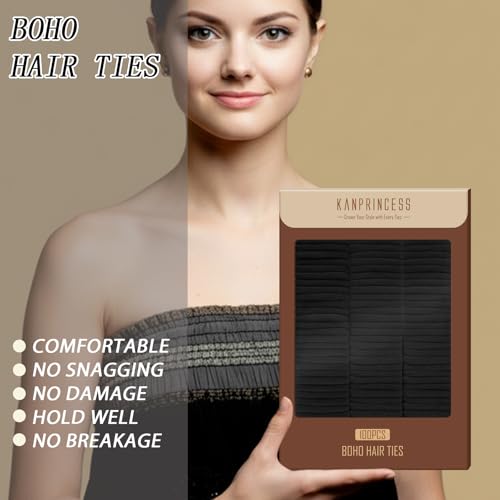 KANPRINCESS Black Cotton Hair Ties - 100PCS No Damage Ponytail Holders