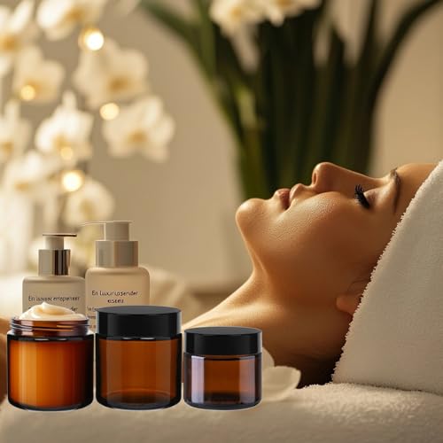 15 Pack 4 oz Glass Jars with Lids, Amber Refillable Containers with Inner Liners - Empty Cosmetic Jars with Labels & Spatulas for Makeup Lotion Candles Jam Storage