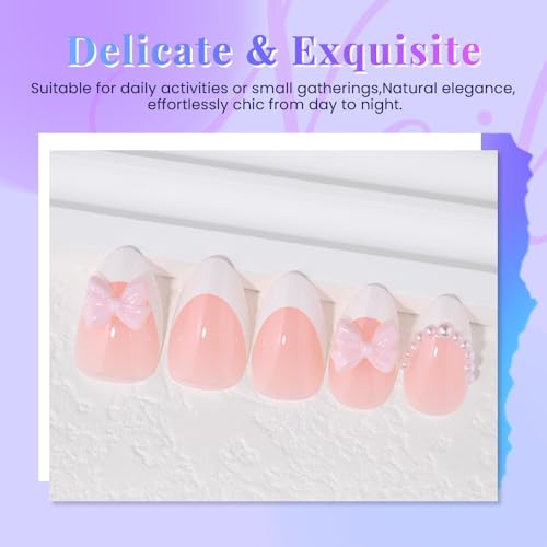 XZMeiLun 506-Short Almond French Tip Press On Nails with 3D Pearls & Pink Bow, 30 Pcs, 15 Sizes (Glue Not Included) - Reusable