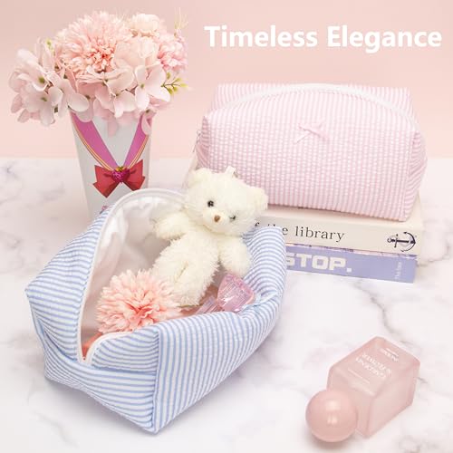PAZIMIIK 6PCS Cozy Makeup Bag SET Travel Cosmetic Bag for Women Soft Toiletry Bag Aesthetic Makeup Organizer Portable Large Zipper Pouch for Skincare Beauty Accessories Brushes Stripe Blue