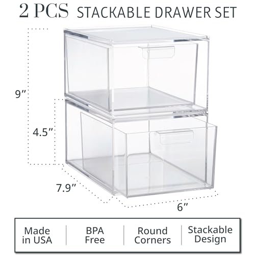 STORi Audrey Stackable Clear Plastic Organizer Drawers 2-Piece