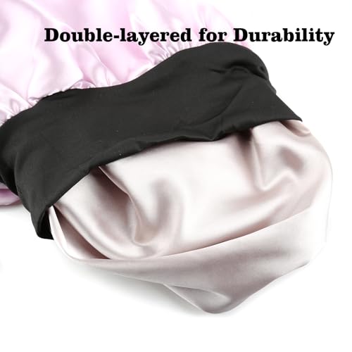 Double Layer Long Satin Bonnet for Kids/Children/Teens, Silky Bonnet Sleep Cap with Elastic Band for Curly Hair Braids (Pink)