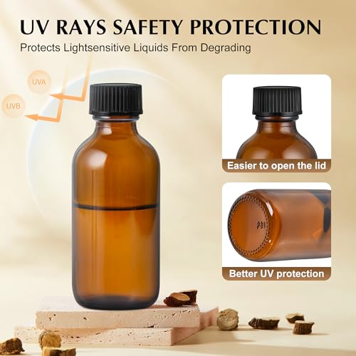 Small Glass Bottles with Lids Boston Round Shot Bottles for Health, Immunity, Ginger Juice, Essential Oils, Potion - Leak Proof Mini Travel Containers (Amber UV, 2oz-24Pack)