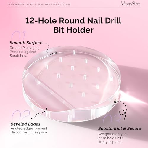 MelodySusie 12 Holes Acrylic Nail Drill Bit Holder Round 3/32 Inch - Clear Organizer for Nail Salon & Home Use