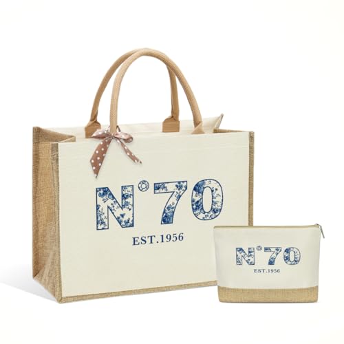 KongMoTree Birthday Gifts for Women Her, Birthday Bag, Reusable Vintage Jute Blue Floral Tote Bag and Makeup Bags