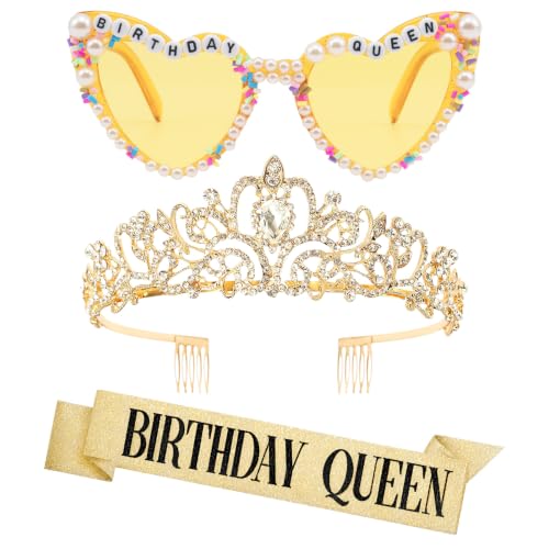 Yellow Birthday Queen Tiara Crown & Sash Set for Women & Girls - Party Accessories