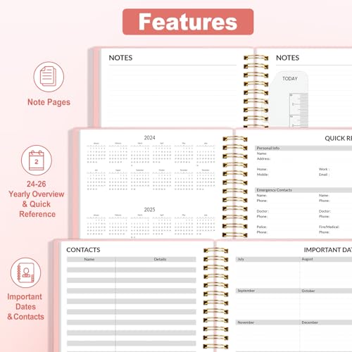 SUNEE Academic Planner 2024-2025 Weekly and Monthly - from August 2024 - December 2025, 6.4"x8.3" School Year Calendar Daily Planner with Monthly Tab, Flexible Cover, Note Pages, Pockets, Bookmark, Spiral Binding, Pink