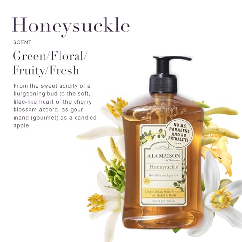 A LA MAISON French Liquid Hand Soap, Honeysuckle - Natural Hand Wash Made with Essential Oils - Biodegradable, Plant-Based, Vegan, Cruelty-Free, Alcohol & Paraben Free (16.9 oz, 1 Pack)