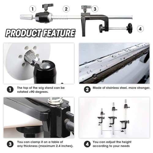 Adjustable Metal Wig Stand with C Clamp & 360° Rotator