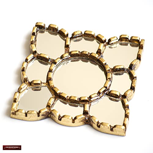 Small Gold Mirror Wall Decorative | Square Accent Mirrors for Wall Decor Bedroom Living Room | Diamond Bronze Leaf Wood Wall Mirror from Peru