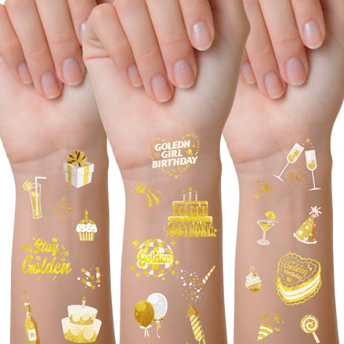 Golden Birthday Temporary Tattoos, 100 Gold Styles - Stay Golden Birthday Temporary Tattoos Decorations for Girls Women and Men Birthday Party Supplies Favors Accessory Gift