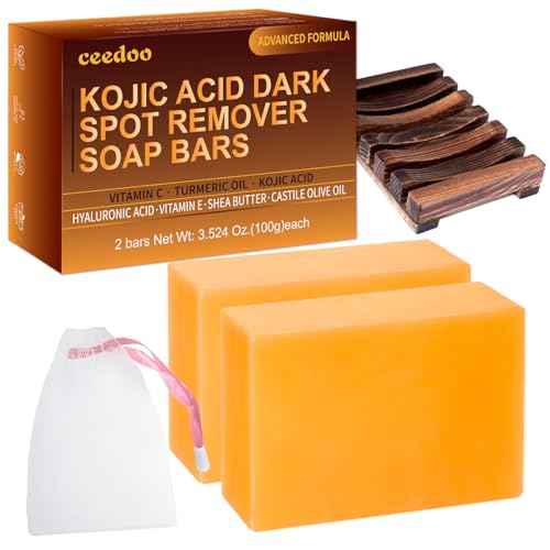 Kojic Acid Soap for Dark Spot Remover Bars with Turmeric, Vitamin C, Retinol, Collagen with Hyaluronic Acid, Vitamin E, Shea Butter, Castile Olive Oil - 3.52 OZ x 2 Bars