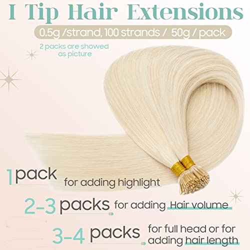 S-noilite Pre bonded I Tip Hair Extensions Human Hair Fusion Stick Tip for Women 100Strands 50Gram Remy Human Hair Piece Invisible Keratin Glue K Tip in Hair 18Inch #60 Platinum Blonde