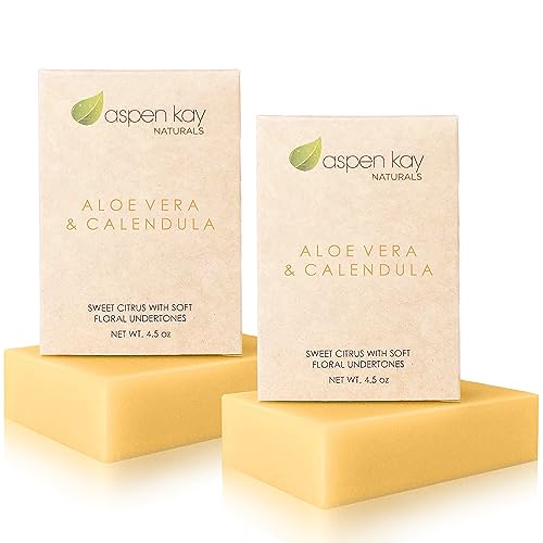 Aloe Vera & Calendula Soap, Natural & Organic Ingredients, Organic Aloe Vera, Calendula & Turmeric Soap. Use for Face & Body. for Men, Women & Teens. Gentle Face Wash. (Pack of 2)