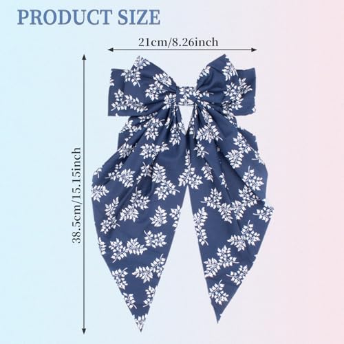 Hadutrek Silky Satin Hair Bows 1PCS Big Hair Bows for Women Girls Hair Clip Hair Ribbons Oversized Long Tail Blue White Bow Large Butterfly Hair Clips Hair Accessories for Women Girls Teens