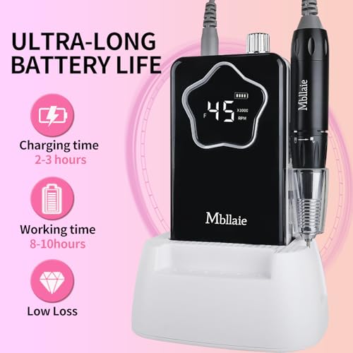 Mbllaie Black Professional Electric Nail Drill 45000 RPM Rechargeable & Portable