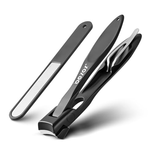 BEZOX Thick Nail Clippers with Metal Nail File - Professional Toenail Clipper for Thick Nails for Men - Stainless Steel Fingernail Clippers with Tin Case - Black