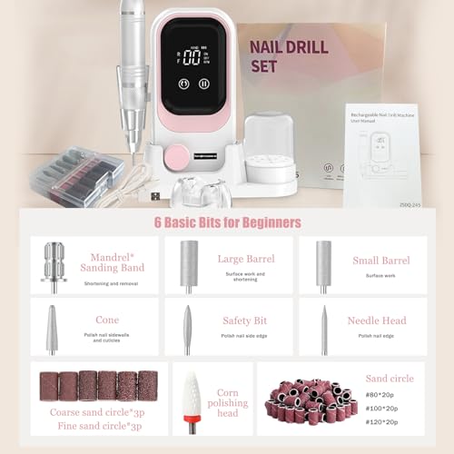 Portable Electric Nail Drill, 35000 RPM Professional Electric Nail File, Cordless Nail Drill with Bits & Base (White & Pink)