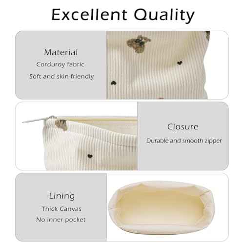 Corduroy Travel Makeup Bag with Bear Pattern, Cosmetic Bag for Purse Organizer, Toiletry Bag with Zipper For Women Travel Essentials(02Beige)