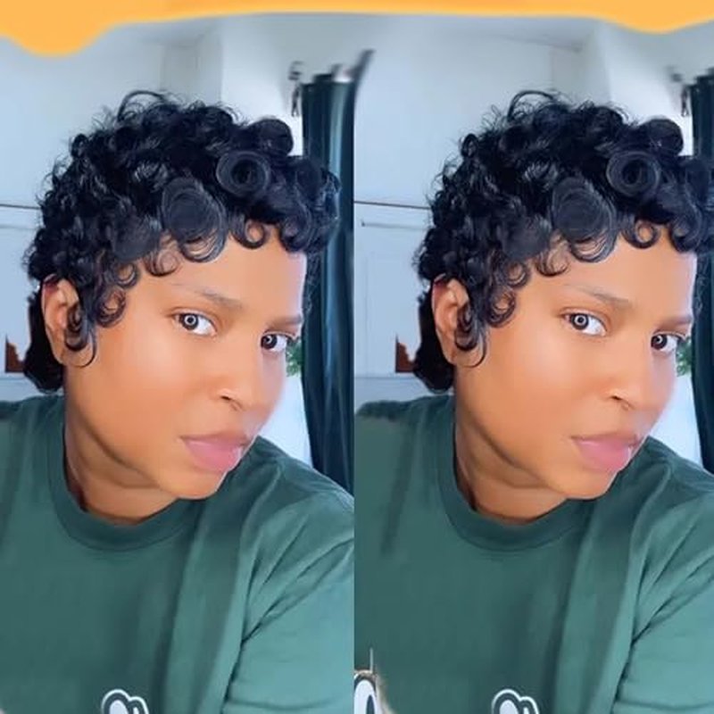 Pixie Cut Human Hair Wig Short Curly 1B Black Women