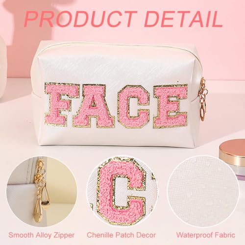 Kaxich 4 Pcs Preppy Patch Makeup Bag, Chenille Letter Cosmetic Bag with Zipper, PU Leather Toiletry Bag Skincare Bag Travel Makeup Pouch for Makeup Washing Nursing, Face Hair Skin Bath Makeup Bag