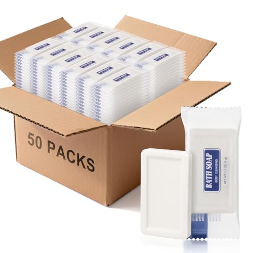 Travel Size Bars Soap in Bulk, Individually Wrapped 0.5 oz Mini Small Body Hand and Face Soaps Toiletries Amenities for Hotel, Shelter/Homeless/Nursing Home/Charity/Motel/Guest Bathroom (50)