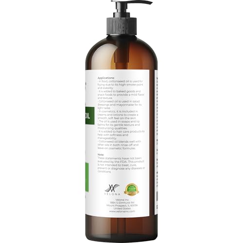 Cotton Seed Oil by Velona - 16 Fl Oz | 100% Pure and Natural Carrier Oil | Refined, Cold pressed | Cooking, Skin, Face, Body, Hair Care | Use Today - Enjoy Results
