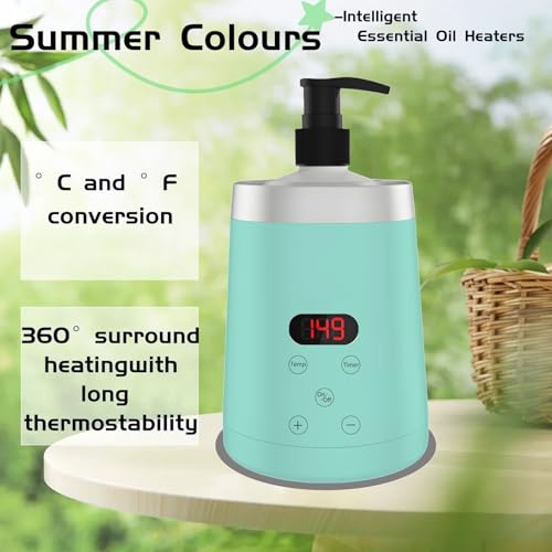 Massage Oil Warmer Professional Electric Lotion Digital Heater SPA, Compact Oil Warmer Heated Bottle for Beauty Salon Home,Automatic Thermostat Cream Heater wiht Two Oil Dispenser Bottle Funnel Green