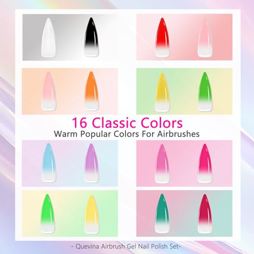 QUEVINA 16 Colors Airbrush Gel Nail Polish Set ? Safe, Odorless Formula for Stunning Baby Boomer Nail Art ? No Dilution Needed, Long-Lasting & Vibrant Shades 16X15ml
