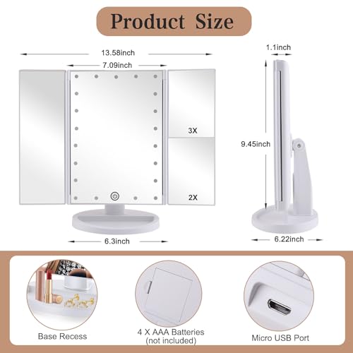 Infitrans Trifold Makeup Mirror with 1X 2X 3X Magnification & LED Lights